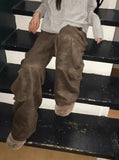 Zuri Y2K Washing Suede Cargo Back Banding Long Wide Pants