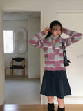 [Muffler Set] Jes Fur Stripe Color Matching Collar Knit Long Sleeve Cardigan