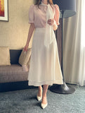 Kain Puff Color Matching Tie-Neck Short Sleeve Blouse