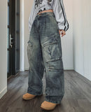 Copper Rivet Pin Tuck Cargo Denim Pants