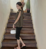 Back Pocket Capri Three Quarter Span Slit Cotton Pants