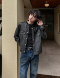 Cape round pocket leather jacket