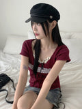 Killlove Vintage Lace Deep U-Neck Crop Short Sleeve Knit