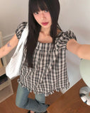 Onnit Check Square Neck Mini Short Sleeve Blouse