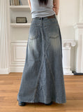 Lazer cut patch maxi denim long skirt