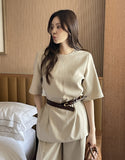 Washia Linen Short Sleeve T Blouse Wide Slacks Set