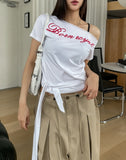 Royal lettering strap unbalanced shoulder short sleeves