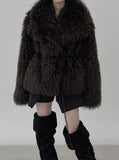 Wide Collar Strap Robe Fur Jacket