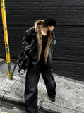 Zeoni Fur Trimming Hood Dark Black Leather Jumper