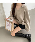 Open Collar Loose Fit Thick Long Sleeve Knit