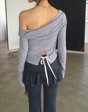 Mebel Shirring Off-Shoulder Back Slit Ribbon Strap Long-Sleeved T-Shirt
