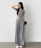 One Off-Shoulder T-shirt Two Pin Tuck Maxi Wide Pants Two Piece Set