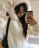 Waring Two Way Angel Fur Hood Knit Zip-up