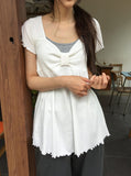 Nahills Shirring Short Sleeve Layered Ribbon Ribbed Tee