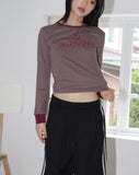 Penkey Stripe Lettering Semi-Cropped Long-Sleeved T-Shirt