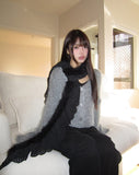 Heri Pine Leaf Balloon Angora V-Neck Loose Knit Fur Cardigan
