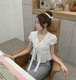 Petite Tie Puff Sleeve Crop Short Sleeve Blouse