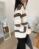 Cuff Stripe Color Matching Collar Loose Fit Long Sleeve Knit