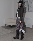 Beolin Check Folding Unbalanced Flare Midi Skirt
