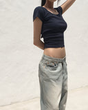 Dessa Back Slit Ribbon Ribbed U-Neck Short Sleeve T-Shirt