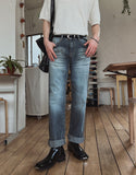 grid washed denim pants