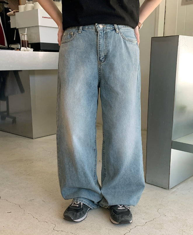 【BAON】Biche Washing Denim Wide Pants BAON (バオン) - ゴミブウォッシュ加工デニムワイドパンツ