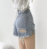 Summer Cutting Side Slit Ripped Denim Shorts