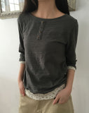 Fayu Flower Color Matching Button Three Quarter T-shirt