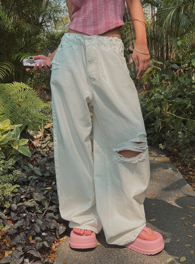 【U LAN】Vintage Damage White Wide Pants U LAN (ユーラン) - ビンテージダメージホワイトワイドパンツ