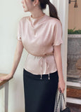 Raz Half-Neck Satin Pleats Blouse (Belt set)