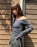 Yushi Stud Strap Unbalanced One Off Shoulder Long Sleeve T-Shirt