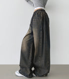 Folding Pin Tuck Hem Snap Balloon Fit Wide Fit Banding Denim Pants