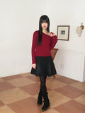 Listy Off-Shoulder Ribbon Strap Ribbed Crop Long Sleeve Knit