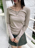 Hit Unbalanced Off-Shoulder Snap Long Sleeve T-Shirt