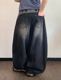 [unisex] Balon Lettering Washing Denim Black Blue Balloon Wide Pants