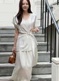 [Two-piece set] Lydia Belt Strap Linen Tee Blouse Banding Flare Skirt