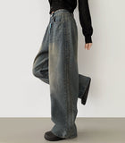 Side Tape Cut Line Brushed Balloon Wide Denim Pants