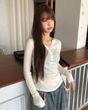 Hapa Button V-Neck Slim Fit Long Sleeve T-Shirt