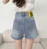 Side Slit Point Washing Denim Shorts