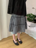 [BAONHAUS] Yanbi Check Lace Banding Midi Skirt