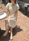 Ruckbell Square Neck Embroidered Tulip Pintuck Long One Piece