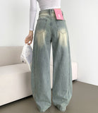 Cut V-Line Washing Vintage Wide Balloon Denim Pants