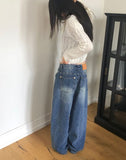 Boa Stud Eyelet Pocket Wide Fit Washed Denim Long Pants