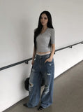 Redo Damage Washing Wide Denim Pants