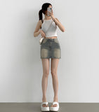 Hip-up Vintage Back Pocket Point Washing H-line Denim Skirt