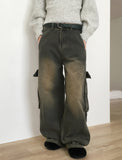 Riden vintage washed-out pocket denim long wide pants