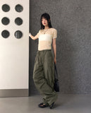 Shanz shirring pleated see-through puff short sleeve T-shirt