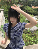 Warden Round Collar Puff Check Blouse