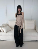Bimu rib strap sleeveless layered off-shoulder long sleeve T-shirt