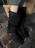 Crossed linen buckle boots